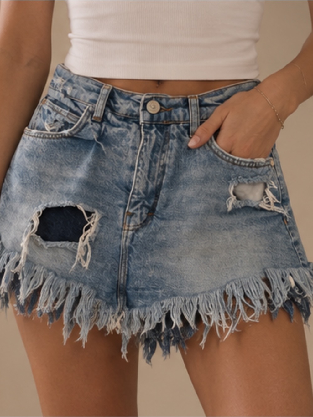 ZARA TRF Denim IXD Makers Light Blue Distressed Frayed Hem Mini Skort